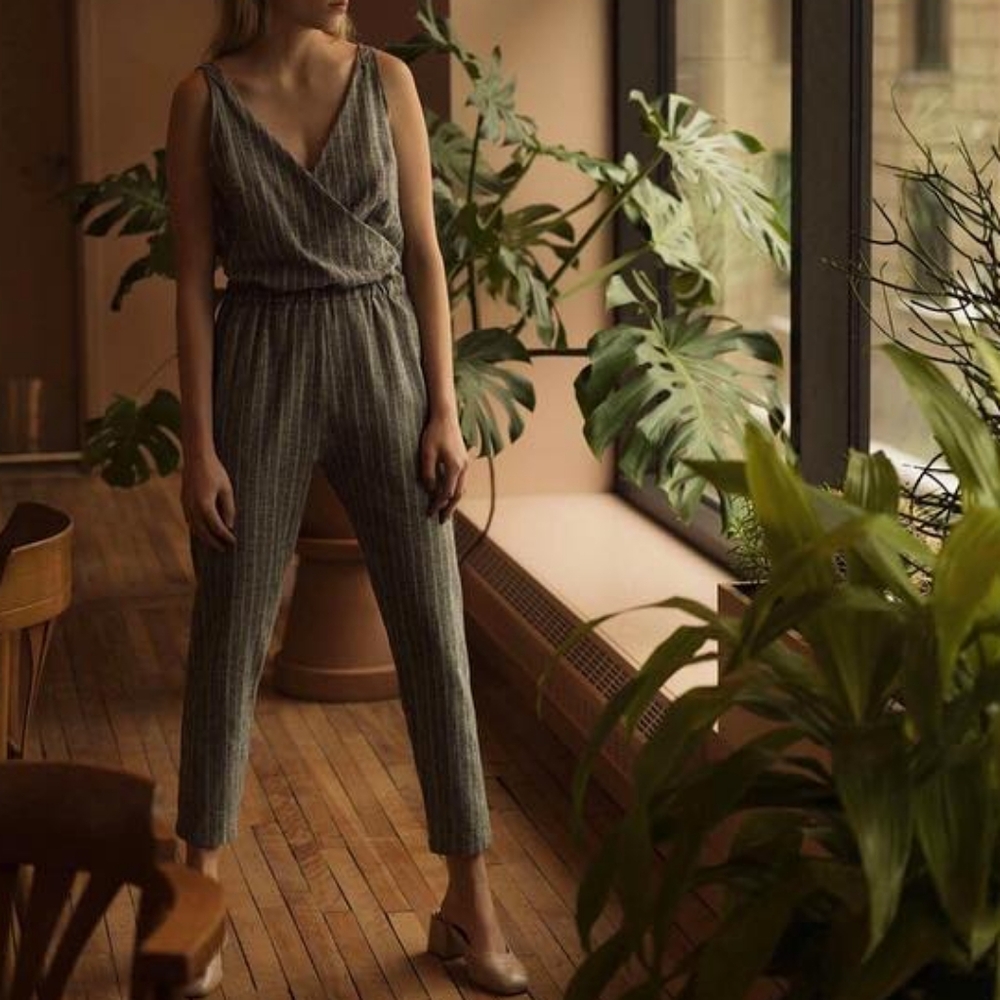 Linen one piece suit, stripped pattern